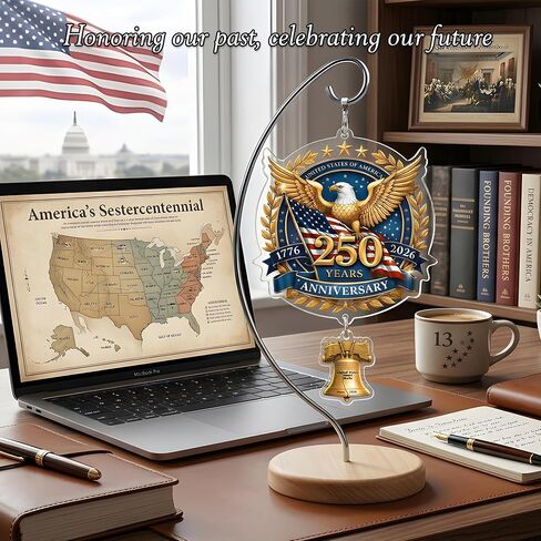 USA 250th Anniversary Tabletop Decor with Wooden Stand, American Patriotic Home Decor, Liberty Bell Ornament, 250 Anniversary USA Merchandise, Independence Day Desk Decoration, Gift for US Citizens in Saudi Arabia