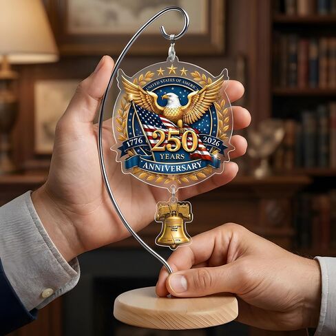 USA 250th Anniversary Tabletop Decor with Wooden Stand, American Patriotic Home Decor, Liberty Bell Ornament, 250 Anniversary USA Merchandise, Independence Day Desk Decoration, Gift for US Citizens in Saudi Arabia