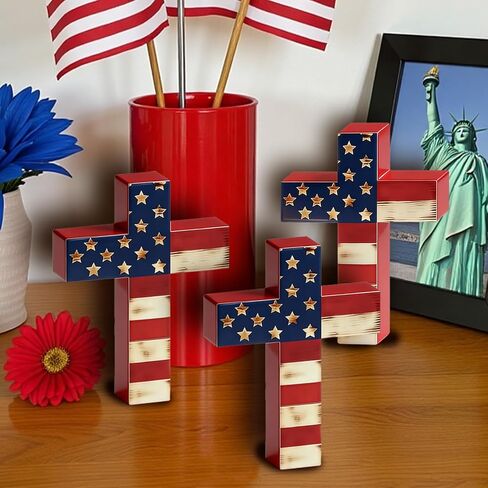 3Pcs Wooden American Flag Cross Decor, Rustic Patriotic Christian Decor, 4th of July Tiered Tray Decor, Farmhouse Religious Cross for Home, Church, Tabletop, Christian Gift in Saudi Arabia