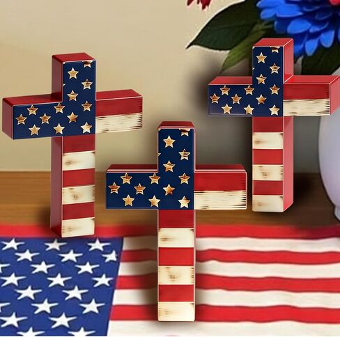 3Pcs Wooden American Flag Cross Decor, Rustic Patriotic Christian Decor, 4th of July Tiered Tray Decor, Farmhouse Religious Cross for Home, Church, Tabletop, Christian Gift in Saudi Arabia