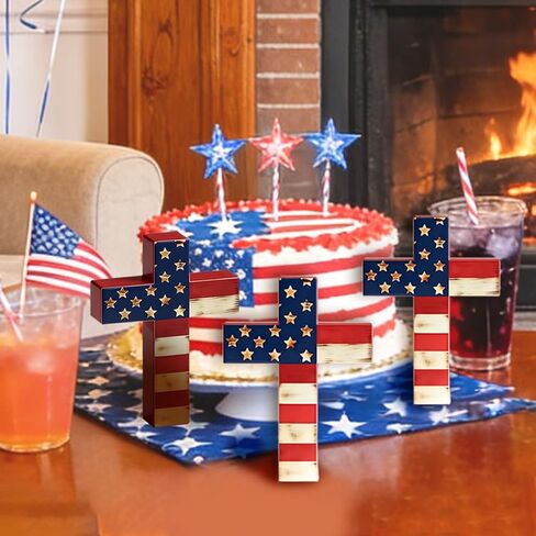 3Pcs Wooden American Flag Cross Decor, Rustic Patriotic Christian Decor, 4th of July Tiered Tray Decor, Farmhouse Religious Cross for Home, Church, Tabletop, Christian Gift in Saudi Arabia