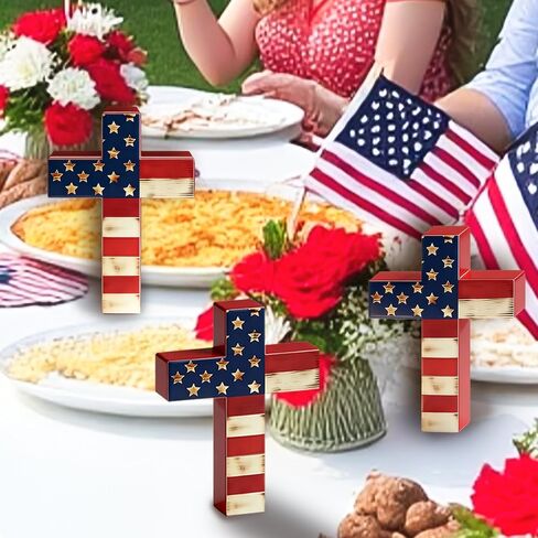 3Pcs Wooden American Flag Cross Decor, Rustic Patriotic Christian Decor, 4th of July Tiered Tray Decor, Farmhouse Religious Cross for Home, Church, Tabletop, Christian Gift in Saudi Arabia