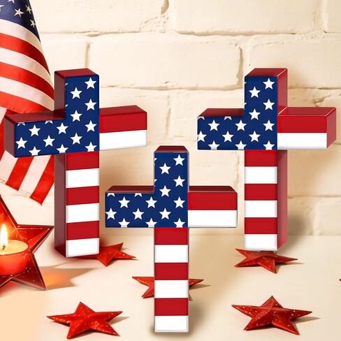 3Pcs Wooden American Flag Cross Decor, Rustic Patriotic Christian Decor, 4th of July Tiered Tray Decor, Farmhouse Religious Cross for Home, Church, Tabletop, Christian Gift in Saudi Arabia