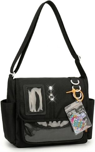 Black Messenger Ita Bag Crossbody for Women, Large Capacity Pin Display Insert Bags, Kawaii Japanese School Ladies Purse, Y2K Korean College Aesthetic Shoulder Tote in Saudi Arabia