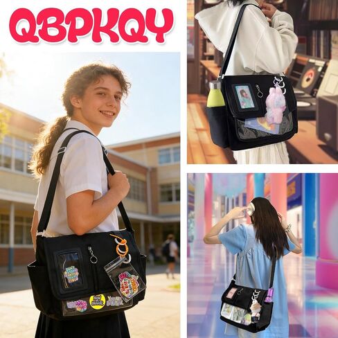 Black Messenger Ita Bag Crossbody for Women, Large Capacity Pin Display Insert Bags, Kawaii Japanese School Ladies Purse, Y2K Korean College Aesthetic Shoulder Tote in Saudi Arabia