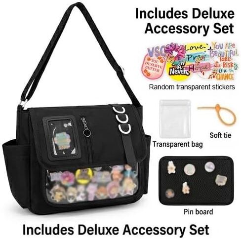 Black Messenger Ita Bag Crossbody for Women, Large Capacity Pin Display Insert Bags, Kawaii Japanese School Ladies Purse, Y2K Korean College Aesthetic Shoulder Tote in Saudi Arabia