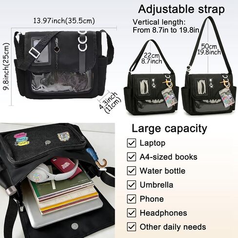 Black Messenger Ita Bag Crossbody for Women, Large Capacity Pin Display Insert Bags, Kawaii Japanese School Ladies Purse, Y2K Korean College Aesthetic Shoulder Tote in Saudi Arabia