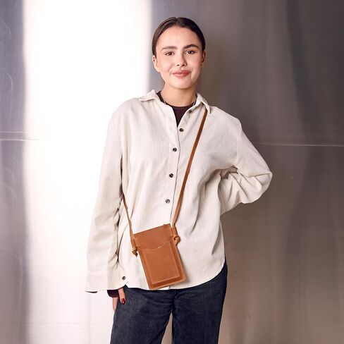 Leather Crossbody Phone Bag for Women - Small Phone Purse, Genuine Leather Phone Holder, Slim Crossbody Wallet Bag, Caramel Brown in Saudi Arabia
