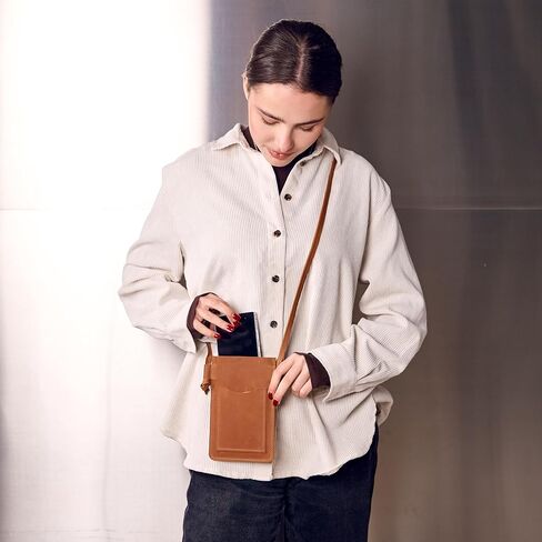 Leather Crossbody Phone Bag for Women - Small Phone Purse, Genuine Leather Phone Holder, Slim Crossbody Wallet Bag, Caramel Brown in Saudi Arabia