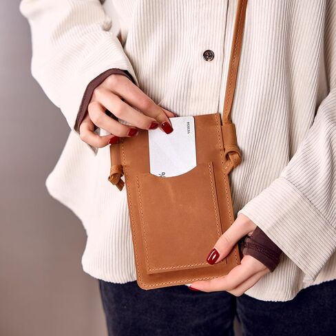 Leather Crossbody Phone Bag for Women - Small Phone Purse, Genuine Leather Phone Holder, Slim Crossbody Wallet Bag, Caramel Brown in Saudi Arabia