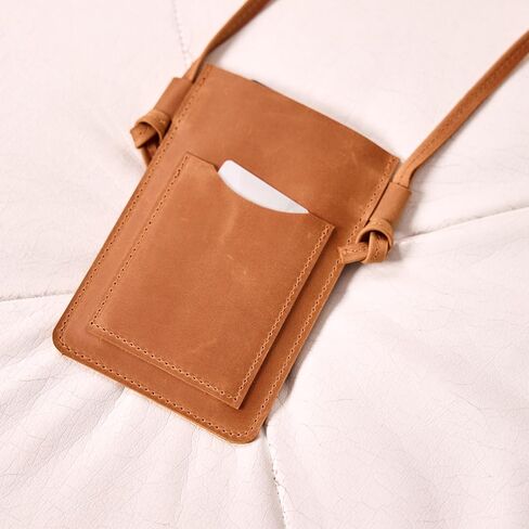 Leather Crossbody Phone Bag for Women - Small Phone Purse, Genuine Leather Phone Holder, Slim Crossbody Wallet Bag, Caramel Brown in Saudi Arabia