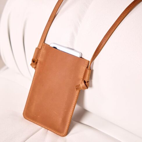 Leather Crossbody Phone Bag for Women - Small Phone Purse, Genuine Leather Phone Holder, Slim Crossbody Wallet Bag, Caramel Brown in Saudi Arabia