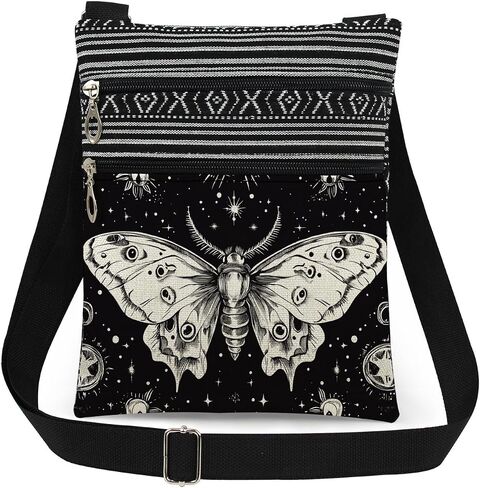 Black and White Moth Adjustable Strap Crossbody Bag Stars Moon Moth Messenger Bag Stylish Travel Purse Birthday Gift Christmas Present​​ for Women Friend Men Sister in Saudi Arabia