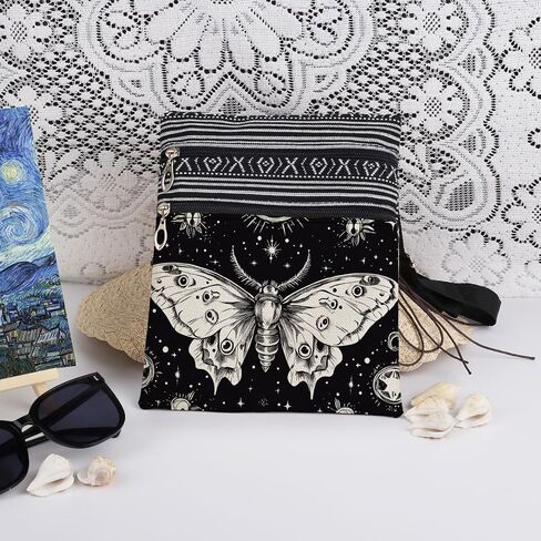 Black and White Moth Adjustable Strap Crossbody Bag Stars Moon Moth Messenger Bag Stylish Travel Purse Birthday Gift Christmas Present​​ for Women Friend Men Sister in Saudi Arabia