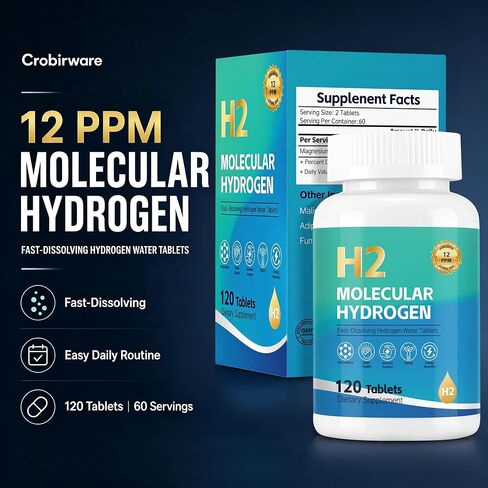 Molecular Hydrogen Water Tablets, 12 PPM H2 Supplement with Magnesium, Raspberry Flavor, Fast-Dissolving H2 Tablets for Water, Hydration, Energy & Recovery Support, 120 Tablets in Saudi Arabia