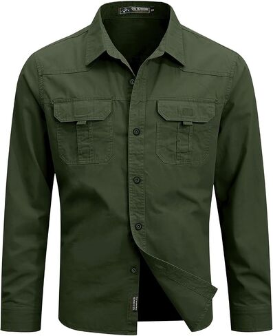 Kissonic Men's Long Sleeve Work Shirts Button Down Cotton Canvas Cargo Shirt for Men Western Cowboy Shirt for Safari Fishing in Saudi Arabia