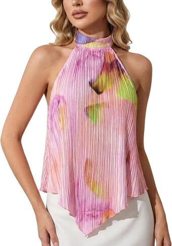 MakeMeChic Women's Halter Top Graphic Pleated Sleeveless Open Back Summer Y2K Tank Tops in Kuwait