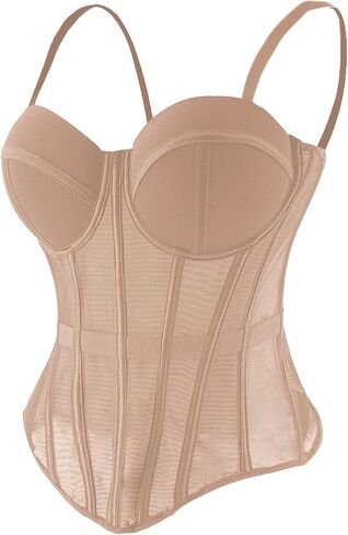 ELLACCI Women's Mesh Corset Bustier Top Elastic Waistband Lingerie Top with Removable Straps Khaki in Kuwait