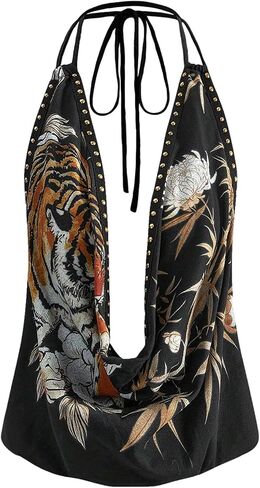 WDIRARA Women's Tiger Print Draped Halter Camisole Rivet Deep V Neck Backless Cami Tops in Kuwait
