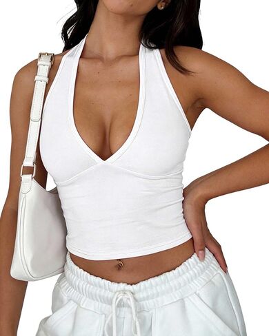 YFANG Women's Sexy Halter V Neck Crop Tank Top Sleeveless Slim Fitted Going Out Summer Top in Saudi Arabia