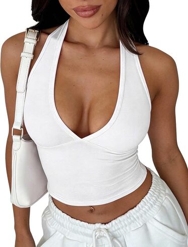 YFANG Women's Sexy Halter V Neck Crop Tank Top Sleeveless Slim Fitted Going Out Summer Top in Saudi Arabia