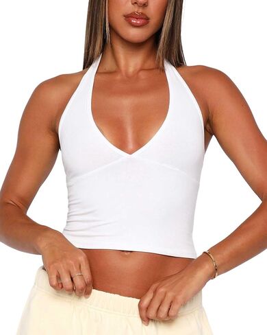 YFANG Women's Sexy Halter V Neck Crop Tank Top Sleeveless Slim Fitted Going Out Summer Top in Saudi Arabia