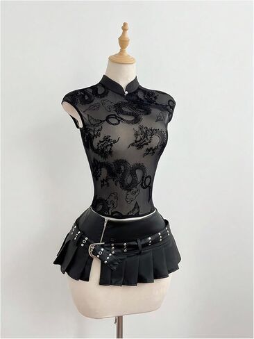 Verdusa Women's Sheer Mesh Going Out Cheongsam Top Animal Graphic Tees Cap Sleeve T Shirts in Kuwait