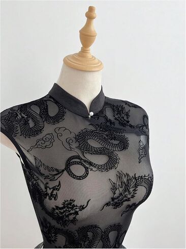 Verdusa Women's Sheer Mesh Going Out Cheongsam Top Animal Graphic Tees Cap Sleeve T Shirts in Kuwait