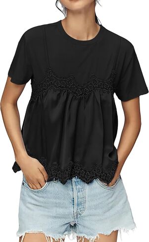 Lace Tops for Women Crew Neck Short Sleeve Blouse Ruffled Flowy Hem T-Shirts 2 in 1 Tank Blouse Summer T Shirts in Saudi Arabia
