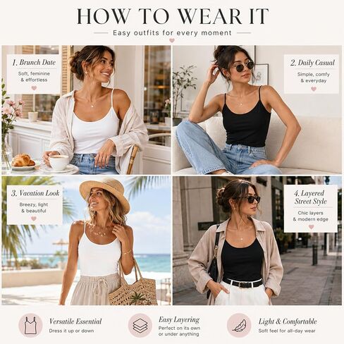 Camisole Tops for Women 2 Pack Black White Adjustable Strap Basic Cami Tank Tops Soft Stretch Layering Undershirts in Saudi Arabia
