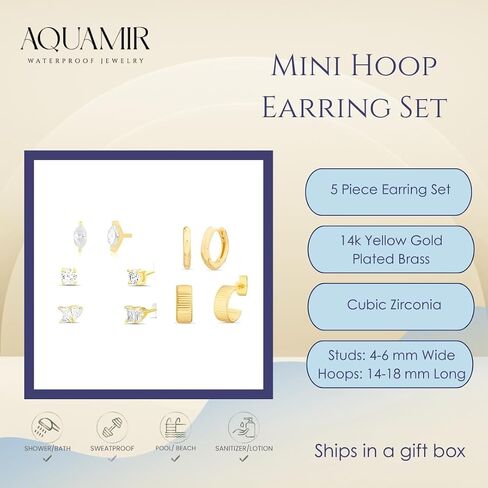 Waterproof Mini Hoop Earring Set 14K Yellow Gold Plated Brass Cubic Zirconia Stud Earrings for Women Geometric Studs Huggie Hoops in Kuwait