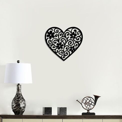 Vineland Black Metal Heart Wall Art, 11.8 Inch Modern Minimalist Sculpture, Floral Pattern Design for Living Room Bedroom Bathroom, Matte Finish Boho Home Decor in Saudi Arabia
