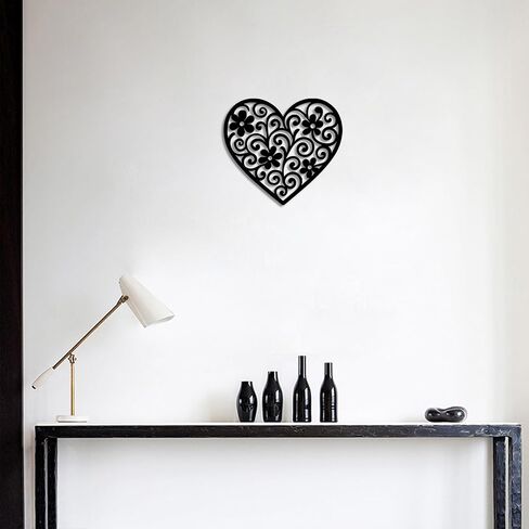 Vineland Black Metal Heart Wall Art, 11.8 Inch Modern Minimalist Sculpture, Floral Pattern Design for Living Room Bedroom Bathroom, Matte Finish Boho Home Decor in Saudi Arabia