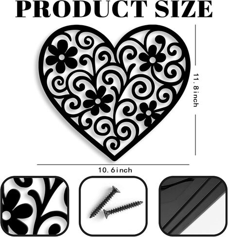 Vineland Black Metal Heart Wall Art, 11.8 Inch Modern Minimalist Sculpture, Floral Pattern Design for Living Room Bedroom Bathroom, Matte Finish Boho Home Decor in Saudi Arabia