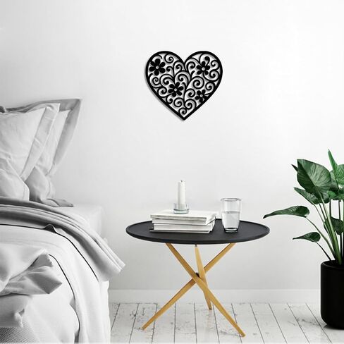 Vineland Black Metal Heart Wall Art, 11.8 Inch Modern Minimalist Sculpture, Floral Pattern Design for Living Room Bedroom Bathroom, Matte Finish Boho Home Decor in Saudi Arabia