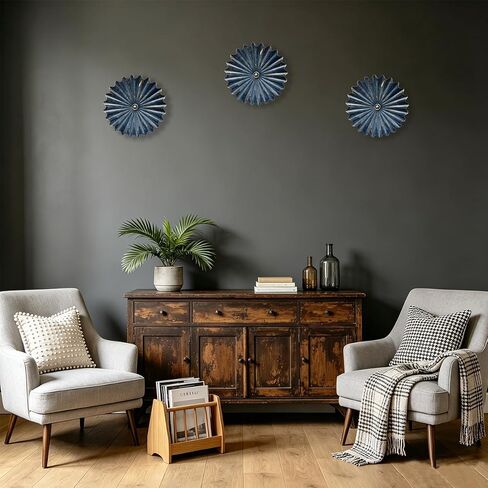 Picfarce Metal Wall Flower Decor 11.4'' Navy Blue Gold Sunburst Wall Art Hanging Decorative Plate for Living Room Bedroom Bathroom Kitchen Home Office in Saudi Arabia