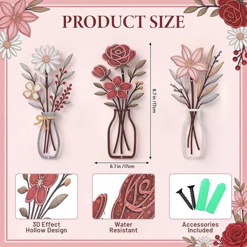 Pelopy 3 Piece Metal Flower Wall Art Rustic Farmhouse Floral Decor for Living Room, Bedroom, Bathroom, Dining Room Boho Modern Minimalist Wall Hanging Sculptures Gifts Decoration in Saudi Arabia