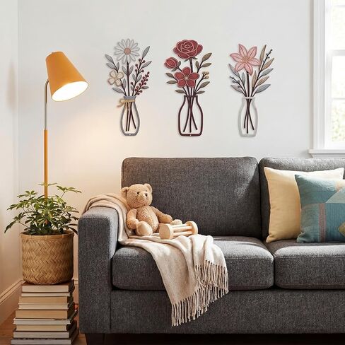 Pelopy 3 Piece Metal Flower Wall Art Rustic Farmhouse Floral Decor for Living Room, Bedroom, Bathroom, Dining Room Boho Modern Minimalist Wall Hanging Sculptures Gifts Decoration in Saudi Arabia