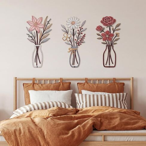 Pelopy 3 Piece Metal Flower Wall Art Rustic Farmhouse Floral Decor for Living Room, Bedroom, Bathroom, Dining Room Boho Modern Minimalist Wall Hanging Sculptures Gifts Decoration in Saudi Arabia