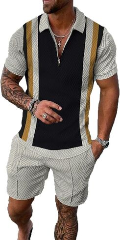 Kubsid Black Gold Mixed Vertical Stripe M Men Track Suits 2 Piece Set Summer Casual Outfits Fashion Polo Shirts Short Sleeve and Shorts Set Vacation Clothes in Saudi Arabia