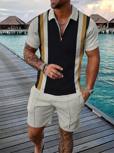 Kubsid Black Gold Mixed Vertical Stripe M Men Track Suits 2 Piece Set Summer Casual Outfits Fashion Polo Shirts Short Sleeve and Shorts Set Vacation Clothes in Saudi Arabia
