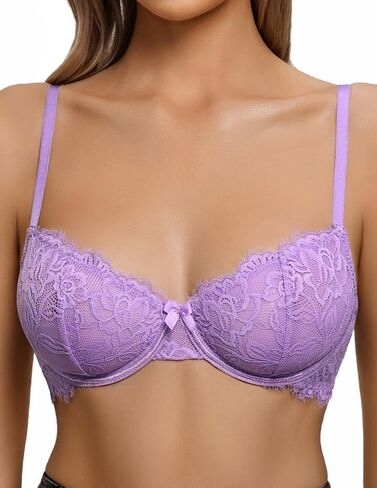 Avidlove Women's Lace Bra Sexy Balconette Sheer Mesh Bras Unlined Lingerie Lilac A-D, M in Kuwait