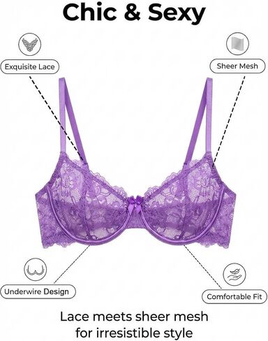 Avidlove Women's Lace Bra Sexy Balconette Sheer Mesh Bras Unlined Lingerie Lilac A-D, M in Kuwait
