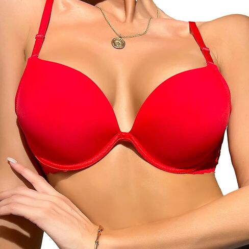 Women Deep V Neck T-Shirt Bra with Underwire Smoothing Demi Cup Bra with Lace Straps Push Up Bra in Saudi Arabia