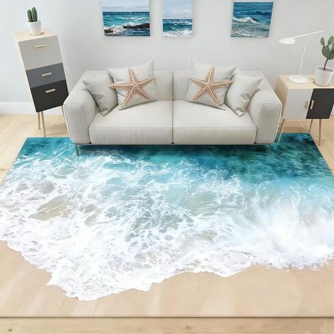Coastal Rugs with Beach Theme Rug, 3.9’x5.2' Large Blue Sea Ocean Rug for Livingroom-Non-Slip Nautical Area Mats for Home Tropical Decor in Saudi Arabia