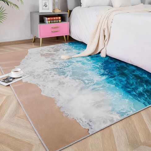 Coastal Rugs with Beach Theme Rug, 3.9’x5.2' Large Blue Sea Ocean Rug for Livingroom-Non-Slip Nautical Area Mats for Home Tropical Decor in Saudi Arabia