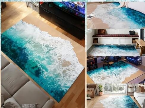 Coastal Rugs with Beach Theme Rug, 3.9’x5.2' Large Blue Sea Ocean Rug for Livingroom-Non-Slip Nautical Area Mats for Home Tropical Decor in Saudi Arabia