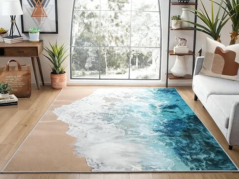 Coastal Rugs with Beach Theme Rug, 3.9’x5.2' Large Blue Sea Ocean Rug for Livingroom-Non-Slip Nautical Area Mats for Home Tropical Decor in Saudi Arabia