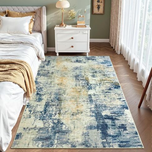 4x6 Washable Rug for Bedroom Living Room, Area Rugs for Entryway, Modern Abstract Rug with Non-Slip Silicone Backing, Low Pile Soft Carpet for Kids Nursery Kitchen Office Home Decor (Blue&White) in Kuwait