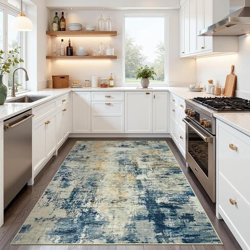 4x6 Washable Rug for Bedroom Living Room, Area Rugs for Entryway, Modern Abstract Rug with Non-Slip Silicone Backing, Low Pile Soft Carpet for Kids Nursery Kitchen Office Home Decor (Blue&White) in Kuwait